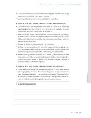 137P Á G I N A
E l a b o r a n d o n u e s t r a s n o r m a s d e c o n v i v e n c i a
MÓDULO6
• Leer y comentar síntesis. Extraer, señalar o marcar aquellos aspectos que el equipo
considera relevantes en la información estudiada.
• Lectura y análisis de ideas para la reflexión de los módulos 5 y 6.
Actividad Nº 2 (90 min): Revisión y adecuación de las normas existentes16
• Leer las normas del actual reglamento. Analizarlas en función de su eficiencia y
significado para la unidad educativa, en el contexto de los resultados obtenidos
durante todo el proceso (Pauta síntesis Actividad Nº 1).
• Sacar, modificar o agregar normas. Este es el momento de evitar la reproducción
de normas por costumbre e incorporar normas por situaciones nuevas. Ej.: Uso de
celulares, atención de apoderados, las citas a los apoderados, atrasos, uniforme,
sobrenombres u otros casos.
• Agrupar las normas en: funcionamiento y de interacción.
• Verificar si las normas contienen los elementos expuestos en los ejemplos presen-
tados en las ideas para la reflexión del presente módulo: conductas esperadas,
profesional responsable de administrar la situación y gradación de faltas.
• Releer normas agrupadas a la luz de la pauta síntesis. ¿Considera las necesidades
e inquietudes aportadas por los actores de la comunidad?, ¿Estamos respondien-
do a lo que desean cambiar los actores en la convivencia escolar?, ¿Reflejan la
particularidad de la cultura infanto juvenil?
Actividad Nº 3 (90 min): Revisión y adecuación de los procedimientos17
• Definir algunos procedimientos generales que describan los pasos a seguir frente
a la trasgresión de una norma. Partiendo del diagnóstico de lo que actualmente
hacen (resultados módulos 4 y 5, sintetizados en pregunta Nº 3 de Pauta Síntesis
Actividad Nº1), podrán reelaborar sus procedimientos, incorporando también téc-
nicas de resolución de conflictos, para los casos en que corresponda.
16 Ver ideas para la reflexión Módulo Nº6
17 Ver ideas para la reflexión Módulo Nº5
 
