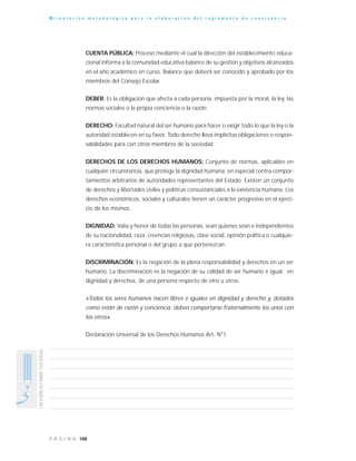 188P Á G I N A
UNESPACIOPARATUSIDEAS
O r i e n t a c i ó n m e t o d o l ó g i c a p a r a l a e l a b o r a c i ó n d e l r e g l a m e n t o d e c o n v i v e n c i a
CUENTA PÚBLICA: Proceso mediante el cual la dirección del establecimiento educa-
cional informa a la comunidad educativa balance de su gestión y objetivos alcanzados
en el año académico en curso. Balance que deberá ser conocido y aprobado por los
miembros del Consejo Escolar.
DEBER: Es la obligación que afecta a cada persona, impuesta por la moral, la ley, las
normas sociales o la propia conciencia o la razón.
DERECHO: Facultad natural del ser humano para hacer o exigir todo lo que la ley o la
autoridad establecen en su favor. Todo derecho lleva implícitas obligaciones o respon-
sabilidades para con otros miembros de la sociedad.
DERECHOS DE LOS DERECHOS HUMANOS: Conjunto de normas, aplicables en
cualquier circunstancia, que protege la dignidad humana, en especial contra compor-
tamientos arbitrarios de autoridades representantes del Estado. Existen un conjunto
de derechos y libertades civiles y políticas consustanciales a la existencia humana. Los
derechos económicos, sociales y culturales tienen un carácter progresivo en el ejerci-
cio de los mismos.
DIGNIDAD: Valía y honor de todas las personas, sean quienes sean e independientes
de su nacionalidad, raza, creencias religiosas, clase social, opinión política o cualquie-
ra característica personal o del grupo a que pertenezcan.
DISCRIMINACIÓN: Es la negación de la plena responsabilidad y derechos en un ser
humano. La discriminación es la negación de su calidad de ser humano e igual, en
dignidad y derechos, de una persona respecto de otro u otros.
«Todos los seres humanos nacen libres e iguales en dignidad y derecho y, dotados
como están de razón y conciencia, deben comportarse fraternalmente los unos con
los otros».
Declaración Universal de los Derechos Humanos Art. N°1
 