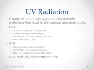 UV Radiation
• Causes skin damage by producing genetic
mutations that lead to skin cancer and early aging
• UVA
o Account for 95% of UV Radiation
o Causes tanning and skin aging
o Penetrates skin more deeply than UVB
o Less intense than UVB
• UVB
o Causes reddening and sunburn
o Penetrates more superficial areas
o Does not significantly penetrate glass
• UVA and UVB penetrate clouds!
www.skincancer.org
 