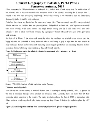 Course: Geography of Pakistan, Part-I (9351)
Semester: Autumn, 2019
32
Urban consumers in Pakistan consume an estimated 9–12 million litres of milk every year. To satisfy some of
this demand, milk is produced in urban and peri-urban areas of the country, accounting for 5 percent and 15
percent of the total milk production, respectively. Because this quantity is not sufficient to meet the entire urban
demand, the deficit is met by rural producers.
Peri-urban dairy farms are located on the outskirts of major cities. These are usually owned by market-oriented
farmers and can be classified into two general groups, distinguished by herd size. Most operate on relatively
small scale, owning 10–50 dairy animals. The larger farmers usually own up to 500 dairy cows. This latter
category of farm is either owned and operated by a progressive farmer individually or is part of the peri-urban
cattle colonies.
As depicted in Figure 2, the urban milk marketing chain, the producer has relatively more control over the
supply because the consumer is easily accessible and is also willing to pay a high price for milk. Hence, in
many instances, farmers in the urban milk marketing chain integrate production and marketing functions in their
operations. Instead of relying on a middleman, they sell the milk directly.
Figure 2: Peri-urban marketing chain (estimated procurement prices at rupees per litre)
Source: FAO. 2006. Analysis of milk marketing chain, Pakistan
Processed marketing chain
Most of the milk in the country is marketed in raw form. According to industry estimates, only 3–5 percent of
the milk is marketed through formal channels as processed milk. Currently, there are more than 20 dairy
processing plants operating in the country. The major product produced by them is UHT or pasteurized milk.
Other products include powdered milk, butter, cream and lassi. Figure 3 depicts the marketing chain for UHT
milk.
Figure 3: Marketing chain of UHT milk (estimated procurement prices at rupees per litre)
 
