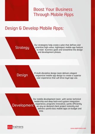 Design & Develop Mobile Apps:
Boost Your Business
Through Mobile Apps
www.apptrainers.com
Our mobile development team with senior technical
leadership and deep back-end system integration
experience, programs innovative, works efficiently
on any on demand client project instantly and
delivers world-class mobile apps on-budget and
time.
A multi-discipline design team delivers elegant
responsive mobile app design to create a superior
user experience that will drive loyal app use.
Our strategists help create a plan that defines and
prioritize high-value, highimpact mobile app feature
to meet business goals and streamline the design
and development phases.
Strategy
Design
Development
 