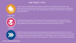 OUR PROJECT TYPES
AIESEC provides exchange participants with opportunities to develop professional skills in new cultural
settings. Our volunteers gain hands­on experience working with NGOs and small businesses in communities
to develop relevant and culturally suitable solutions to local problems. Projects surrounding this issue may be
in the fields of marketing, micro­finance, NGO management, social business, or organisational development.
Exchange participants will be the ambassadors of Hong Kong. Bridge cultures of a nation to promote
tolerance and understanding between communities. Create global citizens by developing cross­cultural
learning dialogues to showcase their traditions and learn those of their hosting countries.
Teach the world’s next generation by providing a foundation of knowledge and empowerment. Help
provide youth and adults with access to basic education understanding and of global issues through youth
literacy, language education, human rights, gender equality, and youth empowerment. Be a role­model for
communities abroad.
EDUCATION
CULTURE
SOCIAL ENTREPRENEURSHIP
 