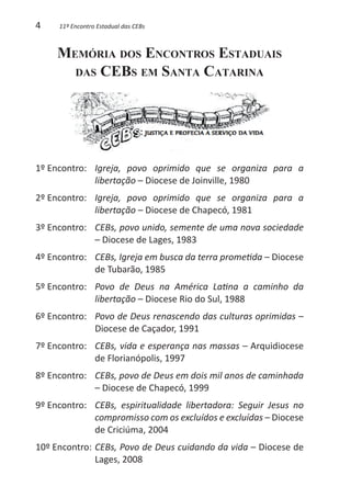 4    11º Encontro Estadual das CEBs



     Memória dos Encontros Estaduais
       das CEBs em Santa Catarina




1º Encontro: 	 Igreja, povo oprimido que se organiza para a
               libertação – Diocese de Joinville, 1980
2º Encontro: 	 Igreja, povo oprimido que se organiza para a
               libertação – Diocese de Chapecó, 1981
3º Encontro: 	 CEBs, povo unido, semente de uma nova sociedade
               – Diocese de Lages, 1983
4º Encontro: 	 CEBs, Igreja em busca da terra prometida – Diocese
               de Tubarão, 1985
5º Encontro: 	 Povo de Deus na América Latina a caminho da
               libertação – Diocese Rio do Sul, 1988
6º Encontro: 	 Povo de Deus renascendo das culturas oprimidas –
               Diocese de Caçador, 1991
7º Encontro: 	 CEBs, vida e esperança nas massas – Arquidiocese
               de Florianópolis, 1997
8º Encontro: 	 CEBs, povo de Deus em dois mil anos de caminhada
               – Diocese de Chapecó, 1999
9º Encontro: 	 CEBs, espiritualidade libertadora: Seguir Jesus no
               compromisso com os excluídos e excluídas – Diocese
               de Criciúma, 2004
10º Encontro: 	CEBs, Povo de Deus cuidando da vida – Diocese de
               Lages, 2008
 
