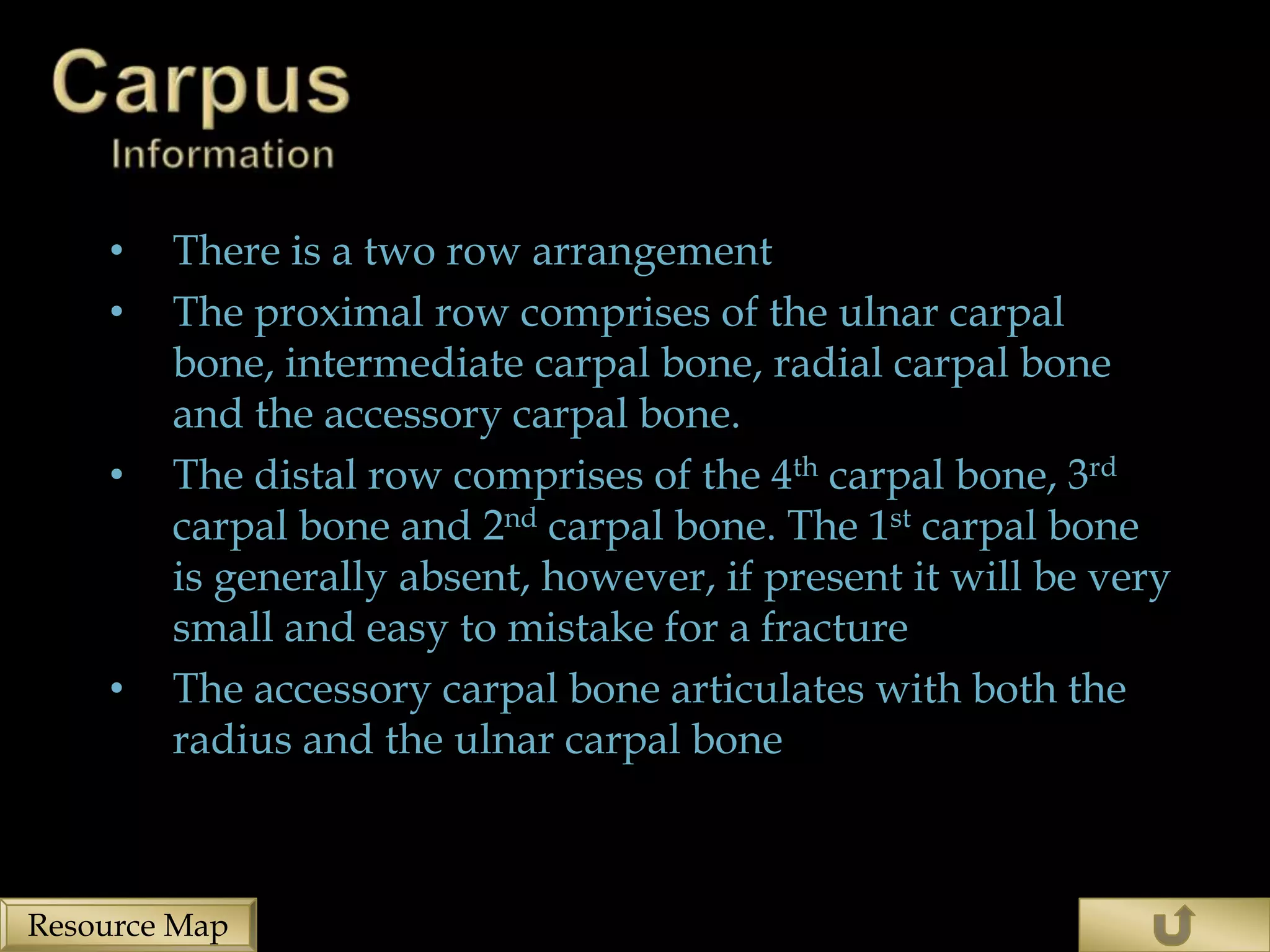 •   There is a two row arrangement
    •   The proximal row comprises of the ulnar carpal
        bone, intermediate carpal bone, radial carpal bone
        and the accessory carpal bone.
    •   The distal row comprises of the 4th carpal bone, 3rd
        carpal bone and 2nd carpal bone. The 1st carpal bone
        is generally absent, however, if present it will be very
        small and easy to mistake for a fracture
    •   The accessory carpal bone articulates with both the
        radius and the ulnar carpal bone



Resource Map
 