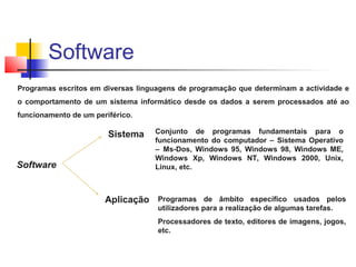 Programas escritos em diversas linguagens de programação que determinam a actividade e
o comportamento de um sistema informático desde os dados a serem processados até ao
funcionamento de um periférico.
Software
Sistema
Aplicação
Conjunto de programas fundamentais para o
funcionamento do computador – Sistema Operativo
– Ms-Dos, Windows 95, Windows 98, Windows ME,
Windows Xp, Windows NT, Windows 2000, Unix,
Linux, etc.
Programas de âmbito específico usados pelos
utilizadores para a realização de algumas tarefas.
Processadores de texto, editores de imagens, jogos,
etc.
Software
 