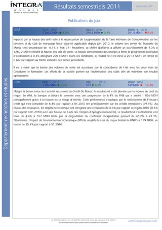 Résultats semestriels 2011                                                                                      Septembre 2011

                                   Membre de INTEGRA PARTNERS




                                                                                                  Publications du jour

                                   SBM                          CA S1 2011                                                      REX S1 2011                                          RNPG S1 2011
                                                                1 260.2 MDH  4.3%                                              290.8 MDH  0.4%                                     201.5 MDH 0.6%

                                   Impacté par la hausse des tarifs suite à la répercussion de l’augmentation de la Taxe Intérieure de Consommation sur les
                                   boissons et du coût de marquage fiscal sécurisé applicable depuis juin 2010, le volume des ventes de Brasserie du
                                   Maroc s’est décontracté de 6.1% à 466 371 hectolitres. Le chiffre d’affaires a affiché un accroissement de 4.3% à
                                   1260.2 MDH reflétant la hausse des prix de vente. La hausse concomitante des charges a limité la progression du résultat
                                   d’exploitation à 0.4% atteignant 290.8 MDH. Dans ces conditions, le résultat net s’est élevé à 201.5 MDH, en retrait de
                                   0.6% par rapport au même semestre de l’année précédente.

                                   Il est à noter que la baisse des volumes de vente est accentuée par la coïncidence de l’été avec les deux mois de
                                   Châabane et Ramadan. Les efforts de la société portent sur l’optimisation des coûts afin de maintenir son résultat
                                   opérationnel.
Département recherches et études




                                   CDM                          PNB    2010                                                     RBE      2010                                        RNPG 2010
                                                                1 056 MDH  6.4%                                                557  4.3%                                           189 MDH 15.4%

                                   Malgré la bonne tenue de l’activité récurrente du Crédit Du Maroc, le résultat net a été plombé par la montée du coût du
                                   risque. En effet, la banque a clôturé le semestre avec une progression de 6.4% du PNB qui a atteint 1 056 MDH
                                   principalement grâce à la hausse de la marge d’intérêts. Cette performance s’explique par le renforcement de l’encours
                                   crédit qui s’est consolidé de 6.4% par rapport à fin 2010 tiré principalement par les crédits immobiliers (+9.5%). Au
                                   niveau des ressources, les dépôts de la banque ont enregistré une croissance de 8.4% par rapport à fin juin 2010 (-0.4%
                                   par rapport à fin 2010) avec une hausse de 8.6% des comptes d’épargne (rémunérés). Le résultat brut d’exploitation s’est
                                   hissé de 4.4% à 557 MDH limité par la dégradation du coefficient d’exploitation passant de 46.2% à 47.3%.
                                   Néanmoins, l’impact de l’environnement économique difficile amplifié le coût du risque limitant le RNPG à 189 MDH, en
                                   baisse de 15.4% par rapport à S1 2010.




                                                                      Les informations contenues dans cette publication proviennent de sources que nous jugeons être de confiance.
                                                                                   Il n’est néanmoins donné aucune garantie quant à l’exactitude de ces informations.
                                                                                                                                                                                     www.integrabourse.com
 