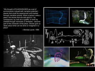 “We thought of PLACEHOLDER as a set of
environments imbued with narrative potential -
places that could be experienced and marked
through narrative activity. When a person visits a
place, the stories that are told about it - by
companions, by rock art or graffiti, or even by
oneself through memories or fantasies - become
part of the character of the place. Stories give us
ideas about what can be done or imagined in a
place”
– Brenda Laurel, 1994
 