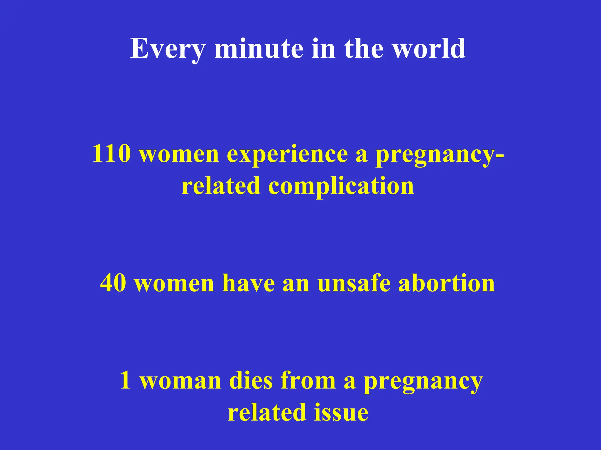 Every minute in the world
110 women experience a pregnancy-
related complication
40 women have an unsafe abortion
1 woman dies from a pregnancy
related issue
 