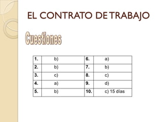 EL CONTRATO DE TRABAJO



 1.   b)   6.    a)
 2.   b)   7.    b)
 3.   c)   8.    c)
 4.   a)   9.    d)
 5.   b)   10.   c) 15 días
 