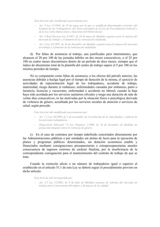 Esta letra ha sido modificada sucesivamente por:
         –   Art. 5 Ley 11/1994, de 19 de mayo por la que se modifican determinados artículos del
             Estatuto de los Trabajadores, del Texto articulado de la Ley de Procedimiento Laboral y
             de la Ley sobre Infracciones y Sanciones del Orden Social.
         –   Art. 3 Real Decreto Ley 8/1997, de 16 de mayo de Medidas urgentes para la mejora del
             mercado de trabajo y el fomento de la contratación indefinida.
         –   Art. 3 Ley 63/1997, de 26 de diciembre de Medidas urgentes para la mejora del mercado
             de trabajo y el fomento de la contratación indefinida.

      d) Por faltas de asistencia al trabajo, aun justificadas pero intermitentes, que
alcancen el 20 por 100 de las jornadas hábiles en dos meses consecutivos, o el 25 por
100 en cuatro meses discontinuos dentro de un período de doce meses, siempre que el
índice de absentismo total de la plantilla del centro de trabajo supere el 5 por 100 en los
mismos períodos de tiempo.

      No se computarán como faltas de asistencia, a los efectos del párrafo anterior, las
ausencias debidas a huelga legal por el tiempo de duración de la misma, el ejercicio de
actividades de representación legal de los trabajadores, accidente de trabajo,
maternidad, riesgo durante el embarazo, enfermedades causadas por embarazo, parto o
lactancia, licencias y vacaciones, enfermedad o accidente no laboral, cuando la baja
haya sido acordada por los servicios sanitarios oficiales y tenga una duración de más de
veinte días consecutivos, ni las motivadas por la situación física o psicológica derivada
de violencia de género, acreditada por los servicios sociales de atención o servicios de
salud, según proceda.
         Esta letra ha sido modificada sucesivamente por:
         –   Art. 7.1 Ley 39/1999, de 5 de noviembre de Conciliación de la vida familiar y laboral de
             las personas trabajadoras.
         –   Disposición Adicional 7.6 Ley Orgánica 1/2004, de 28 de diciembre de Medidas de
             protección integral contra la violencia de género.

       e) En el caso de contratos por tiempo indefinido concertados directamente por
las Administraciones públicas o por entidades sin ánimo de lucro para la ejecución de
planes y programas públicos determinados, sin dotación económica estable y
financiados mediante consignaciones presupuestarias o extrapresupuestarias anuales
consecuencia de ingresos externos de carácter finalista, por la insuficiencia de la
correspondiente consignación para el mantenimiento del contrato de trabajo de que se
trate.

      Cuando la extinción afecte a un número de trabajadores igual o superior al
establecido en el artículo 51.1 de esta Ley se deberá seguir el procedimiento previsto en
dicho artículo.
         Esta letra ha sido incorporada por:
         –   Art. 3.2 Ley 12/2001, de 9 de julio de Medidas urgentes de reforma del mercado de
             trabajo para el incremento del empleo y la mejora de su calidad.
 