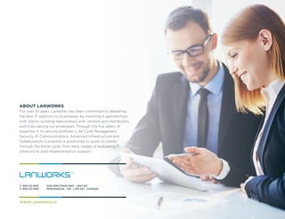 ABOUT LANWORKS
For over 25 years, Lanworks has been committed to delivering
the best IT solutions to businesses, by investing in partnerships
with clients, building relationships with vendors and distributors,
expertise in its service portfolio—Life Cycle Management,
Security, IP Communications, Advanced Infrastructure and
Collaboration—Lanworks is positioned to assist its clients
through the entire cycle, from early stages of evaluating IT
solutions to post-implementation support.
REFERENCES
1
Technavio, “Global Disaster Recovery Services Market 2015-2019”, December 24, 2014.
2
MarketsandMarkets, “DR as a Service Market [RaaS; Cloud DR; Disaster Recovery
as a Service; Business Continuity as a Service] - Worldwide Forecasts and Analysis
(2013 - 2018)”, March 2013.
3
Aspect Software and The Center for Generational Kinetics, “The Aspect Consumer
Experience Index: Millennial Research on Customer Service Expectations”, April 2015.
4
Bret Longlois, Catalyst Canada, “With Growth Comes Changes:
The Evolving Canadian Mobile Landscape”, March 2015
5
Leon Spencer, “16 million mobile devices hit by malware in 2014:
Alcatel-Lucent”, ZDNet, February 13, 2015.
6
Panda Security, “PandaLabs Quarterly Report, Q2 2014”
T. 905.212.1555
F. 905.212.1560
5155 SPECTRUM WAY . UNIT #11
MISSISSAUGA . ON . L4W 5A1 . CANADA
WWW.LANWORKS.CAWWW.LANWORKS.CA
T. 905.212.1555
F. 905.212.1560
5155 SPECTRUM WAY . UNIT #11
MISSISSAUGA . ON . L4W 5A1 . CANADA
ABOUT LANWORKS
For over 25 years, Lanworks has been committed to delivering
the best IT solutions to businesses, by investing in partnerships
with clients, building relationships with vendors and distributors,
and truly valuing our employees. Through the five pillars of
expertise in its service portfolio—Life Cycle Management,
Security, IP Communications, Advanced Infrastructure and
Collaboration—Lanworks is positioned to assist its clients
through the entire cycle, from early stages of evaluating IT
solutions to post-implementation support.
 