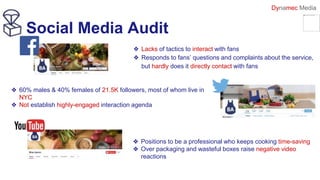 Social Media Audit
Dynamec Media
❖ Lacks of tactics to interact with fans
❖ Responds to fans’ questions and complaints abo...