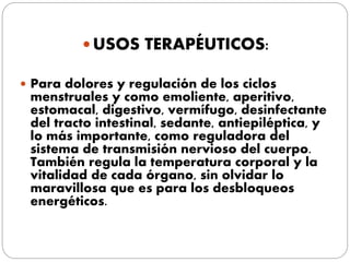  USOS TERAPÉUTICOS:
 Para dolores y regulación de los ciclos
menstruales y como emoliente, aperitivo,
estomacal, digestivo, vermífugo, desinfectante
del tracto intestinal, sedante, antiepiléptica, y
lo más importante, como reguladora del
sistema de transmisión nervioso del cuerpo.
También regula la temperatura corporal y la
vitalidad de cada órgano, sin olvidar lo
maravillosa que es para los desbloqueos
energéticos.
 