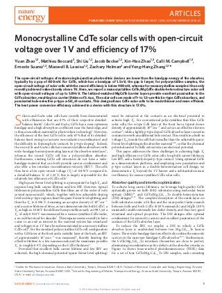 ARTICLES
PUBLISHED: 16 MAY 2016 | ARTICLE NUMBER: 16067 | DOI: 10.1038/NENERGY.2016.67
Monocrystalline CdTe solar cells with open-circuit
voltage over 1 V and efficiency of 17%
Yuan Zhao1,2
, Mathieu Boccard2
, Shi Liu1,2
, Jacob Becker1,2
, Xin-Hao Zhao1,3
, Calli M. Campbell1,3
,
Ernesto Suarez1,2
, Maxwell B. Lassise1,2
, Zachary Holman2
and Yong-Hang Zhang1,2
*
The open-circuit voltages of mature single-junction photovoltaic devices are lower than the bandgap energy of the absorber,
typically by a gap of 400 mV. For CdTe, which has a bandgap of 1.5 eV, the gap is larger; for polycrystalline samples, the
open-circuit voltage of solar cells with the record efficiency is below 900 mV, whereas for monocrystalline samples it has only
recently achieved values barely above 1 V. Here, we report a monocrystalline CdTe/MgCdTe double-heterostructure solar cell
with open-circuit voltages of up to 1.096 V. The latticed-matched MgCdTe barrier layers provide excellent passivation to the
CdTe absorber, resulting in a carrier lifetime of 3.6 µs. The solar cells are made of 1- to 1.5-µm-thick n-type CdTe absorbers, and
passivated hole-selective p-type a-SiCy:H contacts. This design allows CdTe solar cells to be made thinner and more efficient.
The best power conversion efficiency achieved in a device with this structure is 17.0%.
S
ilicon and GaAs solar cells have recently been demonstrated
with eﬃciencies that are 87% of their respective detailed-
balance limits1
. Like Si and GaAs, CdTe has a near optimum
bandgap and a high absorption coeﬃcient near the band edge, and
is thus an excellent material for photovoltaic technology2
. However,
the eﬃciency of the best CdTe cell is only 67% that of its detailed-
balance limit owing to excessive non-radiative recombination1
and
the diﬃculty in forming hole contacts by p-type doping3
. Indeed,
the record Si and GaAs cells have monocrystalline absorbers with
wide-bandgap barrier/passivating layers at the absorber interfaces4
,
whereas the record CdTe cell has a polycrystalline absorber.
Furthermore, existing CdTe cell structures do not have a wide-
bandgap material that can both provide carrier confinement and
also oﬀer a low interface recombination velocity (IRV)1
. The cells
thus have a low open-circuit voltage (Voc) of 0.876 V compared to
a detailed-balance Voc of 1.23 V; this is largely responsible for the
relatively low eﬃciency of CdTe cells5
.
High quasi-Fermi-level splitting is a prerequisite for high Voc, and
requires long bulk carrier lifetime and low IRV. However, typical
lifetimes in polycrystalline CdTe thin films are of the order of only
several nanoseconds6
, which, together with low achievable doping
levels in the p-type regions, limit the quasi-Fermi-level splitting, and
thus the Voc to 0.936 V. Assuming an acceptor density of 1015
cm−3
and a carrier lifetime of 66 ns, as was demonstrated in bulk CdTe6
, a
Voc as high as 1.026 V should have been possible as early as 1987, yet a
Voc of only 0.910 V was measured for a monocrystalline CdTe wafer,
a record that stood for decades7
. This impasse seems recently to have
come to an end as interest in the material system has resurfaced
and voltages over 1 V have been demonstrated in a monocrystalline
CdTe cell8
. For the standard polycrystalline CdTe cell configuration
with a CdS layer at the front and a metallic layer at the back, an IRV
of approximately 105
cm s−1
was measured6
, thereby limiting the
eﬀective lifetime to a few nanoseconds and the maximum possible
Voc to roughly 0.9 V, depending on the CdTe thickness6
.
Provided that excellent bulk carrier lifetime and low IRV are
achieved, the high chemical potential (quasi-Fermi-level splitting)
must be extracted at the contacts as an electrical potential to
achieve high Voc. For conventional polycrystalline thin-film CdTe
solar cells, the n-type CdS layer at the front has a typical donor
density of approximately 1018
cm−3
and acts as an eﬀective electron
contact9
, while a lightly p-type doped CdTe absorber layer is used in
conjunction with an additional hole contact. This results in a built-in
voltage (Vbi) inside the cell that is smaller than the achievable quasi-
Fermi-level splitting in the absorber material5,10
, so that the chemical
potential cannot be fully extracted as an electrical potential.
This paper addresses the three challenges to achieving high Voc
and high eﬃciency in CdTe solar cells: long bulk carrier lifetimes,
low IRV, and a heavily doped p-type contact. Using epitaxial CdTe
as a demonstration platform, and employing new passivation and
p-type contact layers in a double-heterostructure cell design, we
demonstrate a Voc beyond the 1 V barrier and a substantial increase
in eﬃciency for monocrystalline CdTe solar cells.
Absorber quality and interface optimization
To achieve long carrier lifetimes, we leverage high-quality CdTe
epitaxially grown on InSb (001) substrates using molecular beam
epitaxy (MBE)11
and CdTe/Mgx Cd1−x Te double-heterostructure
(DH) designs11–13
. The complete desorption of the oxide layer on
InSb substrates under a Sb flux and the near-perfect lattice match
between InSb and both CdTe (0.03% mismatch) and MgTe (0.9%
mismatch) enable extremely low defect density, and thus very good
structural and optical properties. The DH designs oﬀer optimal
confinement for minority carriers and excellent passivation of the
surfaces of the CdTe absorber layer.
To reduce the IRV, we employ a DH in which a CdTe
absorber layer is sandwiched between two Mgx Cd1−x Te barrier
layers. These wide-bandgap barriers eﬀectively confine the minority
carriers to the narrower-bandgap CdTe absorber14,15
. Furthermore,
the CdTe/Mgx Cd1−x Te interfaces themselves are close to perfect,
eliminating recombination-active defects at the absorber interfaces.
Figure 1a shows time-resolved photoluminescence (TRPL) data
for a set of four CdTe/Mgx Cd1−x Te DH samples, each consisting
1
Center for Photonics Innovation, Arizona State University, Tempe, Arizona 85287, USA. 2
School of Electrical, Computer and Energy Engineering, Arizona
State University, Tempe, Arizona 85287, USA. 3
School for Engineering of Matter, Transport and Energy, Arizona State University, Tempe, Arizona 85287,
USA. *e-mail: yhzhang@asu.edu
NATURE ENERGY | www.nature.com/natureenergy 1
© 2016 Macmillan Publishers Limited. All rights reserved
 