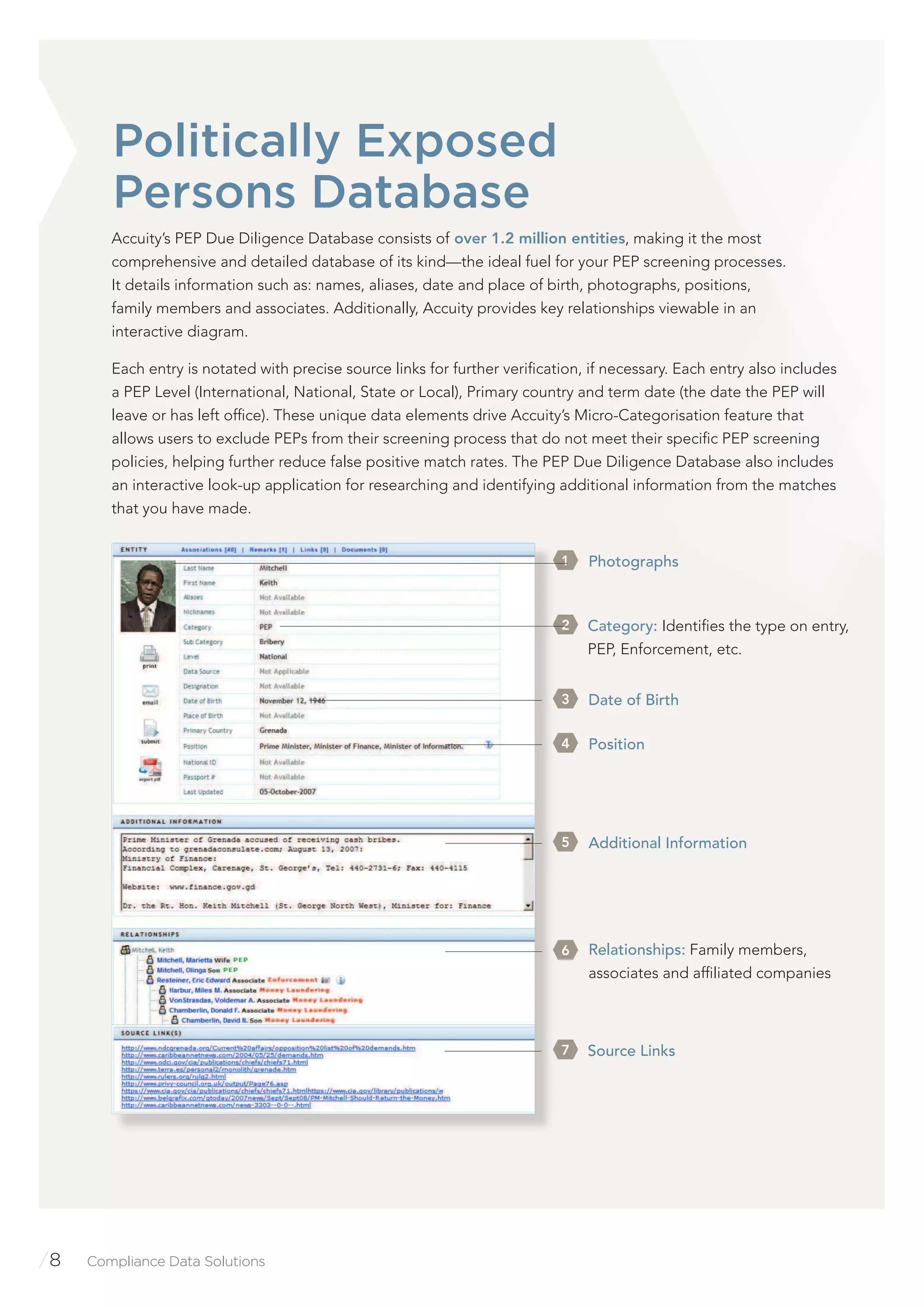 /8 Compliance Data Solutions
Accuity’s PEP Due Diligence Database consists of over 1.2 million entities, making it the most
comprehensive and detailed database of its kind—the ideal fuel for your PEP screening processes.
It details information such as: names, aliases, date and place of birth, photographs, positions,
family members and associates. Additionally, Accuity provides key relationships viewable in an
interactive diagram.
Each entry is notated with precise source links for further veriﬁcation, if necessary. Each entry also includes
a PEP Level (International, National, State or Local), Primary country and term date (the date the PEP will
leave or has left ofﬁce). These unique data elements drive Accuity’s Micro-Categorisation feature that
allows users to exclude PEPs from their screening process that do not meet their speciﬁc PEP screening
policies, helping further reduce false positive match rates. The PEP Due Diligence Database also includes
an interactive look-up application for researching and identifying additional information from the matches
that you have made.
Photographs1
Date of Birth3
Position4
Additional Information5
Relationships: Family members,
associates and afﬁliated companies
6
Source Links7
Category: Identiﬁes the type on entry,
PEP, Enforcement, etc.
2
Politically Exposed
Persons Database
 