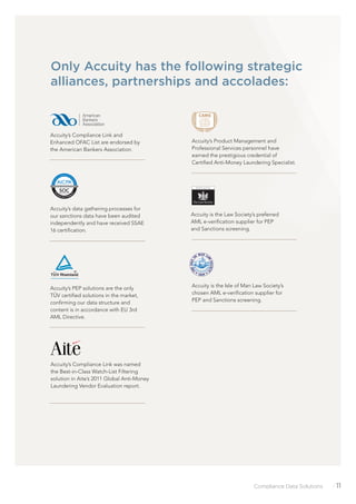 Compliance Data Solutions /11
Only Accuity has the following strategic
alliances, partnerships and accolades:
Accuity’s PEP solutions are the only
TÜV certiﬁed solutions in the market,
conﬁrming our data structure and
content is in accordance with EU 3rd
AML Directive.
Accuity is the Law Society’s preferred
AML e-veriﬁcation supplier for PEP
and Sanctions screening.
CAMS
Accuity’s Product Management and
Professional Services personnel have
earned the prestigious credential of
Certiﬁed Anti-Money Laundering Specialist.
Accuity is the Isle of Man Law Society’s
chosen AML e-veriﬁcation supplier for
PEP and Sanctions screening.
Accuity’s Compliance Link was named
the Best-in-Class Watch-List Filtering
solution in Aite’s 2011 Global Anti-Money
Laundering Vendor Evaluation report.
Accuity’s data gathering processes for
our sanctions data have been audited
independently and have received SSAE
16 certiﬁcation.
Accuity’s Compliance Link and
Enhanced OFAC List are endorsed by
the American Bankers Association.
SOCaicpa.org/soc
Fo
rm
erly SAS 70 Repo
rts
AICPASe
rvice Organization Contr
olReports
S E R V I C E O R G A N I Z AT I O N S
 