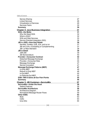 Table of Contents
[ ii ]
Service Sharing 27
Linked Services 28
Virtualization of Services 29
Services Fabric 30
Summary 30
Chapter 2: Java Business Integration 31
SOA—the Motto 31
Why We Need SOA 32
What is SOA? 32
SOA and Web Services 33
Service Oriented Integration (SOI) 36
JBI in J2EE—How they Relate 36
Servlets, Portlets, EJB, JCA, and so on 37
JBI and JCA—Competing or Complementing 37
JBI—a New Standard 38
JBI in Detail 39
JSR 208 39
JBI Nomenclature 40
Provider—Consumer Contract 42
Detached Message Exchange 44
Provider—Consumer Role 45
Message Exchange 47
Service Invocation 47
Message Exchange Patterns (MEP) 47
In-Only MEP 48
Robust In-Only MEP 48
In-Out MEP 50
In-Optional-Out MEP 52
ESB—Will it Solve all Our Pain Points 55
Summary 56
Chapter 3: JBI Container—ServiceMix 57
ServiceMix—Under the Hood 58
Salient Features 58
ServiceMix Architecture 58
Architecture Diagram 58
Normalized Message Router Flows 59
Other ESBs 63
Mule 63
Celtix 63
Iona Artix 64
 
