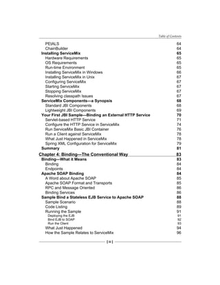 Table of Contents
[ iii ]
PEtALS 64
ChainBuilder 64
Installing ServiceMix 65
Hardware Requirements 65
OS Requirements 65
Run-time Environment 65
Installing ServiceMix in Windows 66
Installing ServiceMix in Unix 67
Configuring ServiceMix 67
Starting ServiceMix 67
Stopping ServiceMix 67
Resolving classpath Issues 67
ServiceMix Components—a Synopsis 68
Standard JBI Components 68
Lightweight JBI Components 69
Your First JBI Sample—Binding an External HTTP Service 70
Servlet-based HTTP Service 71
Configure the HTTP Service in ServiceMix 74
Run ServiceMix Basic JBI Container 76
Run a Client against ServiceMix 78
What Just Happened in ServiceMix 78
Spring XML Configuration for ServiceMix 79
Summary 81
Chapter 4: Binding—The Conventional Way 83
Binding—What it Means 83
Binding 84
Endpoints 84
Apache SOAP Binding 84
A Word about Apache SOAP 85
Apache SOAP Format and Transports 85
RPC and Message Oriented 86
Binding Services 86
Sample Bind a Stateless EJB Service to Apache SOAP 88
Sample Scenario 88
Code Listing 89
Running the Sample 91
Deploying the EJB 91
Bind EJB to SOAP 92
Run the Client 93
What Just Happened 94
How the Sample Relates to ServiceMix 96
 