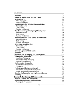 Table of Contents
[ iv ]
Summary 97
Chapter 5: Some XFire Binding Tools 99
Binding in XFire 100
XFire Transports 100
JSR181 and XFire 101
Web Service Using XFireConfigurableServlet 101
Sample Scenario 101
Code Listing 102
Running the Sample 104
Web Service using XFire Spring XFireExporter 106
Sample Scenario 106
Code Listing 106
Running the Sample 109
Web Service Using XFire Spring Jsr181 Handler 109
Sample Scenario 109
Code Listing 110
Running the Sample 113
XFire Export and Bind EJB 113
Sample Scenario 114
Code Listing 115
Running the Sample 119
XFire for Lightweight Integration 120
Summary 121
Chapter 6: JBI Packaging and Deployment 123
Packaging in ServiceMix 124
Installation Packaging 124
Service Assembly Packaging 125
Service Unit Packaging 126
Deployment in ServiceMix 126
Standard and JBI compliant 126
Lightweight 127
Packaging and Deployment Sample 127
Phase One—Component Development 128
Phase Two—Component Packaging 129
Running the Packaging and Deployment Sample 132
Summary 134
Chapter 7: Developing JBI Components 135
Need for Custom JBI Components 135
ServiceMix Component Helper Classes 136
MessageExchangeListener 137
 