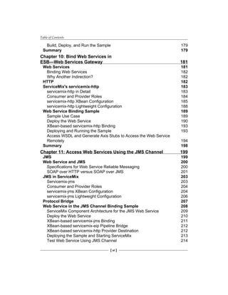 Table of Contents
[ vi ]
Build, Deploy, and Run the Sample 179
Summary 179
Chapter 10: Bind Web Services in
ESB—Web Services Gateway 181
Web Services 181
Binding Web Services 182
Why Another Indirection? 182
HTTP 182
ServiceMix's servicemix-http 183
servicemix-http in Detail 183
Consumer and Provider Roles 184
servicemix-http XBean Configuration 185
servicemix-http Lightweight Configuration 188
Web Service Binding Sample 189
Sample Use Case 189
Deploy the Web Service 190
XBean-based servicemix-http Binding 193
Deploying and Running the Sample 193
Access WSDL and Generate Axis Stubs to Access the Web Service
Remotely 194
Summary 198
Chapter 11: Access Web Services Using the JMS Channel 199
JMS 199
Web Service and JMS 200
Specifications for Web Service Reliable Messaging 200
SOAP over HTTP versus SOAP over JMS 201
JMS in ServiceMix 203
Servicemix-jms 203
Consumer and Provider Roles 204
servicemix-jms XBean Configuration 204
servicemix-jms Lightweight Configuration 206
Protocol Bridge 207
Web Service in the JMS Channel Binding Sample 208
ServiceMix Component Architecture for the JMS Web Service 209
Deploy the Web Service 210
XBean-based servicemix-jms Binding 211
XBean-based servicemix-eip Pipeline Bridge 212
XBean-based servicemix-http Provider Destination 212
Deploying the Sample and Starting ServiceMix 213
Test Web Service Using JMS Channel 214
 