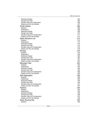 Table of Contents
[ ix ]
Illustrative Design 303
Sample Use Case 304
Sample code and configuration 305
Deploy and Run the Sample 307
XPath Splitter 308
Notation 309
Explanation 309
Illustrative Design 309
Sample Use Case 310
Sample Code and Configuration 311
Deploy and Run the Sample 312
Static Recipient List 313
Notation 314
Explanation 314
Illustrative Design 314
Sample Use Case 315
Sample Code and Configuration 316
Deploy and Run the Sample 318
Wiretap 319
Notation 319
Explanation 320
Illustrative Design 320
Sample Use Case 320
Sample Code and Configuration 321
Deploy and Run the Sample 323
Message Filter 323
Notation 324
Explanation 324
Illustrative Design 324
Sample Use Case 325
Sample Code and Configuration 326
Deploy and Run the Sample 328
Split Aggregator 329
Notation 329
Explanation 329
Illustrative Design 330
Sample Use Case 330
Sample Code and Configuration 331
Deploy and Run the Sample 332
Pipeline 334
Notation 334
Explanation 335
Illustrative Design 335
Sample Use Case 336
Sample Code and Configuration 337
Deploy and Run the Sample 339
Static Routing Slip 339
Notation 340
 