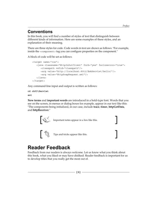 Preface
[  ]
Conventions
In this book, you will find a number of styles of text that distinguish between
different kinds of information. Here are some examples of these styles, and an
explanation of their meaning.
There are three styles for code. Code words in text are shown as follows: For example,
inside the component tag you can configure properties on the component.
A block of code will be set as follows:
target name=run
java classname=HttpInOutClient fork=yes failonerror=true
classpath refid=classpath/
arg value=http://localhost:8912/EsbServlet/hello//
arg value=HttpSoapRequest.xml/
/java
/target
Any command-line input and output is written as follows:
cd ch03Servlet
ant
New terms and important words are introduced in a bold-type font. Words that you
see on the screen, in menus or dialog boxes for example, appear in our text like this:
The components being initialized, in our case, include trace, timer, httpGetData,
and httpReceiver.
Important notes appear in a box like this.
Tips and tricks appear like this.
Reader Feedback
Feedback from our readers is always welcome. Let us know what you think about
this book, what you liked or may have disliked. Reader feedback is important for us
to develop titles that you really get the most out of.
 