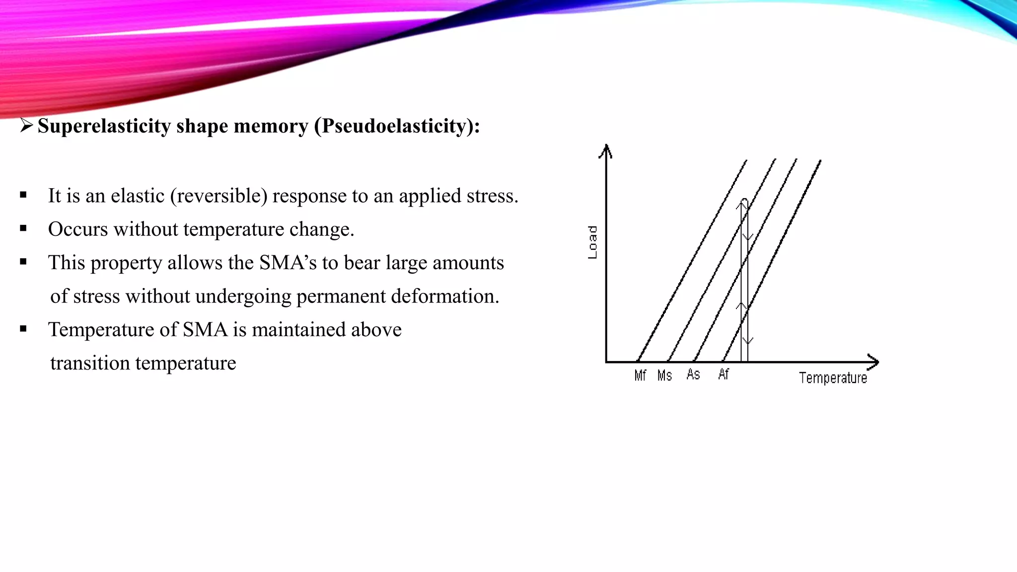 Superelasticity shape memory (Pseudoelasticity):
 It is an elastic (reversible) response to an applied stress.
 Occurs without temperature change.
 This property allows the SMA’s to bear large amounts
of stress without undergoing permanent deformation.
 Temperature of SMA is maintained above
transition temperature
 