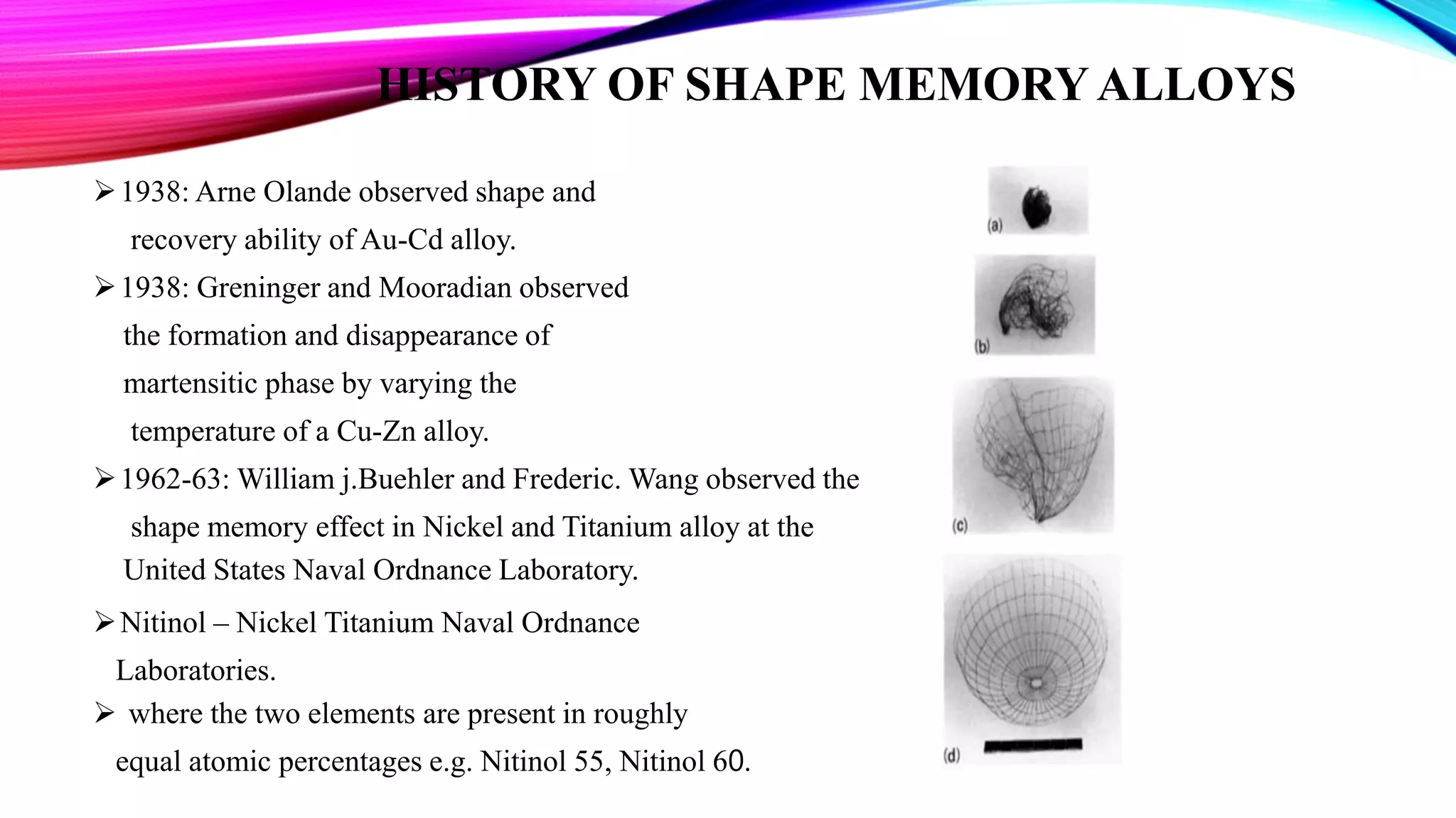 HISTORY OF SHAPE MEMORYALLOYS
1938: Arne Olande observed shape and
recovery ability of Au-Cd alloy.
1938: Greninger and Mooradian observed
the formation and disappearance of
martensitic phase by varying the
temperature of a Cu-Zn alloy.
1962-63: William j.Buehler and Frederic. Wang observed the
shape memory effect in Nickel and Titanium alloy at the
United States Naval Ordnance Laboratory.
Nitinol – Nickel Titanium Naval Ordnance
Laboratories.
 where the two elements are present in roughly
equal atomic percentages e.g. Nitinol 55, Nitinol 60.
 