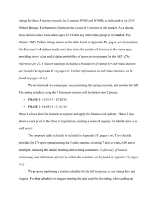   	
   	
  
	
  
ratings for these 3 stations outrank the 2 stations WNIS and WNOB, as indicated in the 2014
Nielsen Ratings. Furthermore, Entercom has a total of 4 stations in this market. As a cluster,
those stations reach more adults ages 25-54 than any other radio group in the market. The
October 2015 Nielsen ratings shown in the table found in Appendix IV, pages iv-v demonstrate
that Entercom’s 4 stations reach more than twice the number of listeners in the metro area,
providing better value and a higher probability of return on investment for the ASP. (The
references for 2014 Nielsen rankings including a breakdown of ratings for individual stations
are included in Appendix IV on pages iii. Further information on individual stations can be
found on pages vii-ix.)
We recommend two campaigns, one promoting the spring semester, and another for fall.
The spring schedule using the 3 Entercom stations will be broken into 2 phases:
• PHASE 1: 11/30/15 - 12/20/15
• PHASE 2: 01/03/15 - 01/11/15
Phase 1 allows time for listeners to register and apply for financial aid options. Phase 2 runs
about a week prior to the close of registration, creating a sense of urgency for which radio is so
well suited.
The proposed radio schedule is included in Appendix IV, pages x-xi. The schedule
provides for 279 spots spread among the 3 radio stations, covering 7 days a week, 6:00 am to
midnight, including the crucial morning and evening commutes. (A glossary of Nielsen
terminology and definitions referred to within this schedule can be found in Appendix IV, pages
i-ii.)
We propose employing a similar schedule for the fall semester, to run during July and
August. For that schedule we suggest running the spot used for the spring, while adding an
 