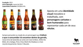 Aposta em uma identidade
visual inovadora e
trabalhada, com
personagens caricatos e
bem humorados para
representar cada um de seus
rótulos.
Sempre pensando na criação de um personagem que traduza
o que o consumidor irá encontrar dentro da garrafa,
nosso time de bastardos já conta com Jean le Blanc, Willie the
Bitter, Zé o Galego, Piná a Vivá, Mark the Shadow e o mais
recente lançamento: Hector 5 Rounds.
Fundação: 2013
Início Operação: março de 2014
Capacidade Produtiva: 28.000L/mês
 