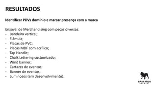 RESULTADOS
Identificar PDVs domínio e marcar presença com a marca
Enxoval de Merchandising com peças diversas:
- Bandeira vertical;
- Flâmula;
- Placas de PVC;
- Placas MDF com acrílico;
- Tap Handle;
- Chalk Lettering customizado;
- Wind banner;
- Cartazes de eventos;
- Banner de eventos;
- Luminosos (em desenvolvimento).
 