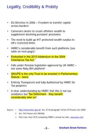 6
- 6 - Gresham Street Partners
Legality, Credibility & Probity
• EU Directive in 2006 – Freedom to transfer capital
across borders1
• Cameron’s desire to create offshore wealth to
supplement declining pensions’ provisions
• The need to build up IHT protected wealth surplus to
UK’s restricted limits
• HMRC’s considerable benefit from such platforms (see
table on next page)3
• Embodied in the 2010 Addendum to the 2004
Inheritance Tax Act 1
• Falls under Pension legislation approved by UK HMRC –
not some flaky BVI platform2
• QNUPS is the only Trust to be enacted in Parliamentary
Statute - twice
• Entirely Transparent and fully Authorised by HMRC for
Tax purposes
• A clear understanding by HMRC that this is not tax
avoidance but Tax Deferment - they benefit
considerably later on3
Source: 1 http://www.hmrc.gov.uk Sec 271A paragraph 18 Sch 29 Finance Act 2008
2 Sec 165 Finance Act 2004(b)
3 PwC’s bar chart (P.9) comparing HMRC’s annual tax take. www.pwc.com
 