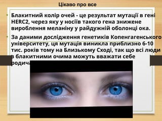 Цікаво про все
• Блакитний колір очей - це результат мутації в гені
HERC2, через яку у носіїв такого гена знижене
вироблення меланіну у райдужній оболонці ока.
• За даними дослідження генетиків Копенгагенського
університету, ця мутація виникла приблизно 6-10
тис. років тому на Близькому Сході, так що всі люди
з блакитними очима можуть вважати себе
родичами.
 