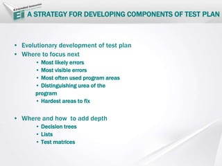 A STRATEGY FOR DEVELOPING COMPONENTS OF TEST PLAN
• Evolutionary development of test plan
• Where to focus next
• Most likely errors
• Most visible errors
• Most often used program areas
• Distinguishing urea of the
program
• Hardest areas to fix
• Where and how to add depth
• Decision trees
• Lists
• Test matrices
 