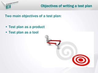 Objectives of writing a test plan
Two main objectives of a test plan:
• Test plan as a product
• Test plan as a tool
 