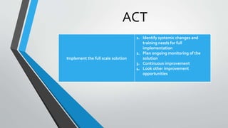 ACT
Implement the full scale solution
1. Identify systemic changes and
training needs for full
implementation
2. Plan ongoing monitoring of the
solution
3. Continuous improvement
4. Look other improvement
opportunities
 