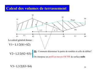 Calcul des volumes de terrassement
S1 Projet
PF
S2
S3
S4
TN
L’2 L ’’2
L1 L2 L3
P1 P2 P3 P4
Le calcul général donne :
V1= L1/2(S1+S2)
Pb : Comment déterminer la partie de remblai et celle de déblai?
V2= L2/2(S2+S3)
p
On interpose un profil en travers FICTIF de surface nulle
20
V3= L3/2(S3+S4)
 