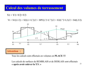 Calcul des volumes de terrassement
Vt = V1+V2+V3
Vt = S1(L1/2) + S2(L1+L’2)/2 + SPF(L’2+L’’2)/2 + S3(L’’2+L3)/2 + S4(L3/2)
S1
Projet
PF
S2
S3
S4
S1
TN
PF
L’2 L ’’2
L1 L2 L3
P1 P2 P3 P4
Attention :
Tous les calculs sont effectués en volumes en PLACE !!!
21
Les calculs de surfaces de REMBLAIS et de DEBLAIS sont effectués
« après avoir enlever la T.V. »
 