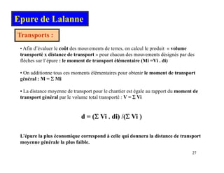 Epure de Lalanne
Transports :
• Afin d’évaluer le coût des mouvements de terres, on calcul le produit « volume
transporté distance de transport h d t dé i é d
transporté x distance de transport » pour chacun des mouvements désignés par des
flèches sur l’épure : le moment de transport élémentaire (Mi =Vi . di)
• On additionne tous ces moments élémentaires pour obtenir le moment de transport
p p
général : M = Σ Mi
• La distance moyenne de transport pour le chantier est égale au rapport du moment de
transport général par le volume total transporté : V = Σ Vi
transport général par le volume total transporté : V = Σ Vi
d = (Σ Vi . di) /(Σ Vi )
( ) ( )
L’épure la plus économique correspond à celle qui donnera la distance de transport
é é l l l f ibl
27
27
moyenne générale la plus faible.
 