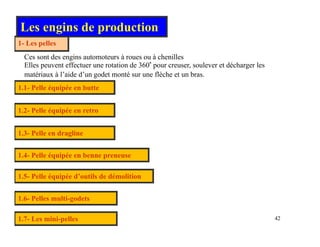 1- Les pelles
Les engins de production
es pe es
Ces sont des engins automoteurs à roues ou à chenilles
Elles peuvent effectuer une rotation de 360° pour creuser, soulever et décharger les
matériaux à l’aide d’un godet monté sur une flèche et un bras.
matériaux à l aide d un godet monté sur une flèche et un bras.
1.1- Pelle équipée en butte
1 2 é i é
1.2- Pelle équipée en retro
1.3- Pelle en dragline
1.4- Pelle équipée en benne preneuse
1.5- Pelle équipée d’outils de démolition
1.6- Pelles multi-godets
42
g
1.7- Les mini-pelles
 
