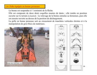 1.4- Pelle équipée en benne preneuse
La benne est suspendue à l ’extrémité de la flèche.
Elle est composée de deux demi coquilles munies de dents ; elle tombe en position
Elle est composée de deux demi coquilles munies de dents ; elle tombe en position
ouverte sur le terrain à excaver. Le relevage de la benne entraîne sa fermeture, puis elle
est ensuite ouverte au dessus de la position de déchargement.
La pelle en benne preneuse sert au creusement de tranchées verticales étroites et à la
i l ti d bl d té i
manipulation de gros blocs de matériaux.
46
 