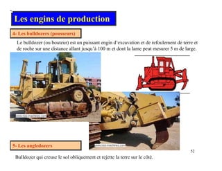 Les engins de production
4- Les bulldozers (pousseurs)
Le bulldozer (ou bouteur) est un puissant engin d’excavation et de refoulement de terre et
de roche sur une distance allant jusqu’à 100 m et dont la lame peut mesurer 5 m de large.
52
52
5- Les angledozers
Bulldozer qui creuse le sol obliquement et rejette la terre sur le côté.
 
