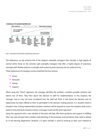 Cairo Okba
CHN 0673
Learning & Development - KCH
6 | P a g e
Fig 2. Tannebaum& Schmidt Leadership Continuum
The behaviours on the extreme left of the diagram exemplify managers that maintain a high degree of
control whilst those on the extreme right exemplify managers that offer a higher degree of autonomy
amongst staff. Neither extreme is outright, both authority and autonomy are not without limits.
These behaviours of managers can be simplified into four actions:
Direct
Persuade
Advise
Support
When using the “Direct” approach, the manager identifies the problem, considers possible solutions and
selects one of them. They then report this decision to staff for implementation. In this situation, the
manager may or may not have considered how the staff will think or feel about the decision and no
opportunity has been offered to them to participate in the decision making process. In a situation where a
reception rota is being implemented and team members will be required to cover the reception desk once a
week to fairly distribute reception duties, a manager could use the direct approach.
Using this approach with a new member of the team will help offer them guidance and support in fulfilling
their new role and give them a better understanding of the processes and procedures they need to adhere
to in the learning department. However, if a team member is used to working on their own initiative to
 