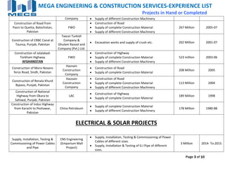 Page 3 of 10
MEGA ENGINEERING & CONSTRUCTION SERVICES‐EXPERIENCE LIST 
                                Projects in Hand or Completed
Company   Supply of different Construction Machinery 
Construction of Road from 
Pasni to Quetta, Balochistan, 
Pakistan 
FWO 
 Construction of Road 
 Supply of complete Construction Material 
 Supply of different Construction Machinery 
267 Million  2005‐07 
Construction of CRBC Canal at 
Taunsa, Punjab, Pakistan 
Taxcer Turkish 
Company & 
Ghulam Rasool and 
Company (Pvt.) Ltd.
 Excavation works and supply of crush etc.  202 Million  2001‐07 
Construction of Jalalabad‐
Torkham Highway 
AFGHANISTAN 
FWO 
 Construction of Highway 
 Supply of complete Construction Material 
 Supply of different Construction Machinery 
523 million  2003‐06 
Construction of Moro‐Nosero 
feroz Road, Sindh, Pakistan 
Hasnain 
Construction 
Company 
 Construction of Road 
 Supply of complete Construction Material 
208 Million  2005 
Construction of Renala Khurd 
Bypass, Punjab, Pakistan 
Hasnain 
Construction 
Company 
 Construction of Road 
 Supply of complete Construction Material 
 Supply of different Construction Machinery 
113 Million  2004 
Construction of National 
Highway from Okara to 
Sahiwal, Punjab, Pakistan 
LAC 
 Construction of Highway 
 Supply of complete Construction Material 
189 Million  1998 
Construction of Indus Highway 
from Karachi to Peshawar, 
Pakistan 
China Petroleum 
 Supply of complete Construction Material 
 Supply of different Construction Machinery 
178 Million  1980‐88 
 
ELECTRICAL & SOLAR PROJECTS  
 
 
Supply, Installation, Testing & 
Commissioning of Power Cables 
and Pipe 
CNS Engineering 
(Emporium Mall 
Project) 
 Supply, Installation, Testing & Commissioning of Power 
Cables of different sizes. 
 Supply, Installation & Testing of G.I Pipe of different 
sizes. 
3 Million  2014‐ To‐2015 
 