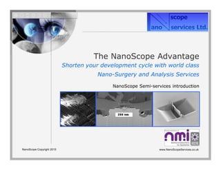 www.NanoScopeServices.co.ukNanoScope Copyright 2015
The NanoScope Advantage
Shorten your development cycle with world class
Nano-Surgery and Analysis Services
NanoScope Semi-services introduction
 