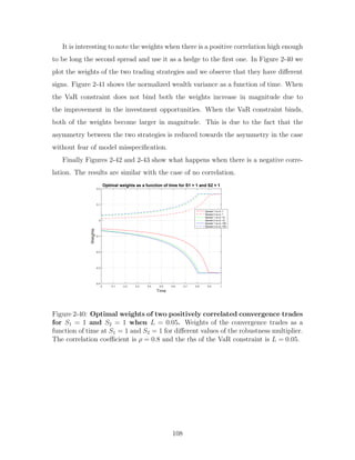 It is interesting to note the weights when there is a positive correlation high enough
to be long the second spread and use it as a hedge to the first one. In Figure 2-40 we
plot the weights of the two trading strategies and we observe that they have different
signs. Figure 2-41 shows the normalized wealth variance as a function of time. When
the VaR constraint does not bind both the weights increase in magnitude due to
the improvement in the investment opportunities. When the VaR constraint binds,
both of the weights become larger in magnitude. This is due to the fact that the
asymmetry between the two strategies is reduced towards the asymmetry in the case
without fear of model misspecification.
Finally Figures 2-42 and 2-43 show what happens when there is a negative corre-
lation. The results are similar with the case of no correlation.
Time
0 0.1 0.2 0.3 0.4 0.5 0.6 0.7 0.8 0.9 1
Weights
-0.4
-0.3
-0.2
-0.1
0
0.1
0.2
Optimal weights as a function of time for S1 = 1 and S2 = 1
Spread 1 nu is: 1
Spread 2 nu is: 1
Spread 1 nu is: 10
Spread 2 nu is: 10
Spread 1 nu is: 100
Spread 2 nu is: 100
Figure 2-40: Optimal weights of two positively correlated convergence trades
for S1 = 1 and S2 = 1 when L = 0.05. Weights of the convergence trades as a
function of time at S1 = 1 and S2 = 1 for different values of the robustness multiplier.
The correlation coefficient is ρ = 0.8 and the rhs of the VaR constraint is L = 0.05.
108
 