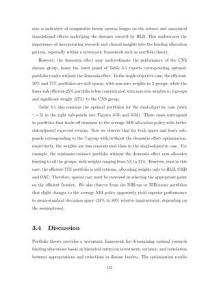 cess is indicative of comparable future success hinges on the science and associated
translational efforts underlying the diseases covered by HLB. This underscores the
importance of incorporating research and clinical insights into the funding allocation
process, especially within a systematic framework such as portfolio theory.
However, the dementia effect may underestimate the performance of the CNS
disease group, hence the lower panel of Table 3.5 reports corresponding optimal-
portfolio results without the dementia effect. In the single-objective case, the efficient-
50% and 75% portfolios are still sparse, with non-zero weights in 3 groups, while the
lower risk efficient-25% portfolio is less concentrated with non-zero weights to 4 groups
and significant weight (27%) to the CNS group.
Table 3.5 also contains the optimal portfolios for the dual-objective case (with
γ = 5) in the right sub-panels (see Figures 3-5b and 3-5d). These cases correspond
to portfolios that trade off closeness to the average NIH allocation policy with better
risk-adjusted expected returns. Now we observe that for both upper and lower sub-
panels corresponding to the 7-group with/without the dementia effect optimization,
respectively, the weights are less concentrated than in the single-objective case. For
example, the minimum-variance portfolio without the dementia effect now allocates
funding to all the groups, with weights ranging from 5% to 31%. However, even in this
case, the efficient-75% portfolio is still extreme, allocating weights only to HLB, CHD
and ONC. Therefore, special care must be exercised in selecting the appropriate point
on the efficient frontier. We also observe from the NIH-var or NIH-mean portfolios
that slight changes to the average NIH policy apparently yield superior performance
in mean-standard deviation space (28% to 89% relative improvement, depending on
the assumptions).
3.4 Discussion
Portfolio theory provides a systematic framework for determining optimal research
funding allocations based on historical return on investment, variance, and correlation
between appropriations and reductions in disease burden. The optimization results
151
 