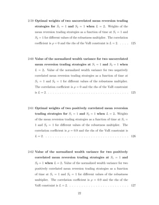 2-59 Optimal weights of two uncorrelated mean reversion trading
strategies for S1 = 1 and S2 = 1 when L = 2. Weights of the
mean reversion trading strategies as a function of time at S1 = 1 and
S2 = 1 for different values of the robustness multiplier. The correlation
coefficient is ρ = 0 and the rhs of the VaR constraint is L = 2. . . . . 125
2-60 Value of the normalized wealth variance for two uncorrelated
mean reversion trading strategies at S1 = 1 and S2 = 1 when
L = 2. Value of the normalized wealth variance for two negatively
correlated mean reversion trading strategies as a function of time at
S1 = 1 and S2 = 1 for different values of the robustness multiplier.
The correlation coefficient is ρ = 0 and the rhs of the VaR constraint
is L = 2. . . . . . . . . . . . . . . . . . . . . . . . . . . . . . . . . . . 125
2-61 Optimal weights of two positively correlated mean reversion
trading strategies for S1 = 1 and S2 = 1 when L = 2. Weights
of the mean reversion trading strategies as a function of time at S1 =
1 and S2 = 1 for different values of the robustness multiplier. The
correlation coefficient is ρ = 0.9 and the rhs of the VaR constraint is
L = 2. . . . . . . . . . . . . . . . . . . . . . . . . . . . . . . . . . . . 126
2-62 Value of the normalized wealth variance for two positively
correlated mean reversion trading strategies at S1 = 1 and
S2 = 1 when L = 2. Value of the normalized wealth variance for two
positively correlated mean reversion trading strategies as a function
of time at S1 = 1 and S2 = 1 for different values of the robustness
multiplier. The correlation coefficient is ρ = 0.9 and the rhs of the
VaR constraint is L = 2. . . . . . . . . . . . . . . . . . . . . . . . . . 127
22
 