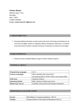 Chetan Bhasin
2958,sant nagar,1
st
floor
Rani Bagh,
Delhi- 110034
+919891143952(M)
E-mail: chetan.bhasin017@gmail.com
 Passionate Software Developer currently working with Aricent Technology and Holdings Ltd. for
more than 4.5 years, seeking a challenging software development opportunity in a dynamic
environment where innovation, education and sense of ownership are valued and encouraged.
 Presently working in Aricent Group, Gurgaon as Senior Software Engineer.
Programming Language: C,C++
Protocol knowledge ARP,VLAN,NDP,L2ACL,IPv4,IPv6,IP-
Security(IPsec/IKEv2) ,TCP/IP, LPM for route lookups ICMP
SCM tools ClearCase ,Perforce
Operating System RHEL, Windows 7/8,Open suse (Linux)
Middle layer tool kit Intel DPDk, Intel Crystal Forest Hardware Accelerators
Course: MCA (Master’s in Computer Application) 2007-10
College: Gurgaon Institute of Technology And Management (M.D.U.)
CAREER OBJECTIVE
PROFESSIONAL QUALIFICATIONS
WORK EXPERIENCE
TECHNICAL SKILLS
 