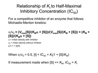 Relationship of KI to Half-Maximal
Inhibitory Concentration (IC50)
For a competitive inhibitor of an enzyme that follows
Michaelis-Menton kinetics:
vI/v0 = (Vmax[S]/(KMa + [S]))/(Vmax[S]/(KM + [S])) = (KM +
[S])/(KMa + [S])
vI = initial velocity with inhibitor
v0 = initial velocity without inhibitor
a = 1 + [I]/KI
When vI/v0 = 0.5, [I] = IC50 = KI(1 + [S]/KM)
If measurement made when [S] << KM, IC50 = KI
 